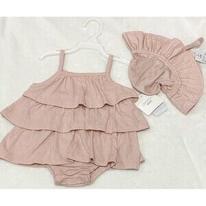 NEW Baby Girls Sz 12 Months Muted Pink Tiered Dress & Cap 2 Pc Set GRAYSON MINI